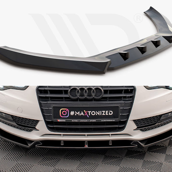 A glossy black car front splitter shown above a white car's bumper with an installed splitter. Text includes "#M5061," "Instagram icon #MAXTONIZED," and "SPLITTERS ● DIFFUSERS ● AERODYNAMIC."