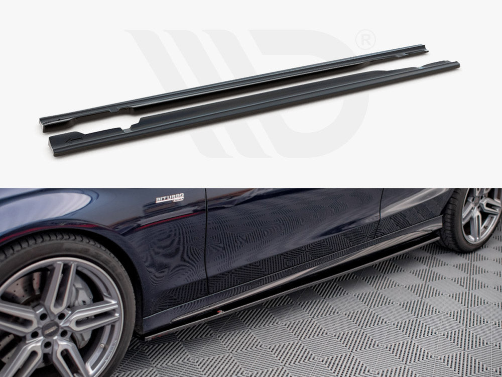 Two black side skirts are shown unattached above, with one attached to a dark car, parked on patterned flooring. The car has visible text "BITURBO" near the front wheel.