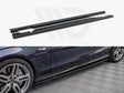 Two black side skirts are shown unattached above, with one attached to a dark car, parked on patterned flooring. The car has visible text "BITURBO" near the front wheel.