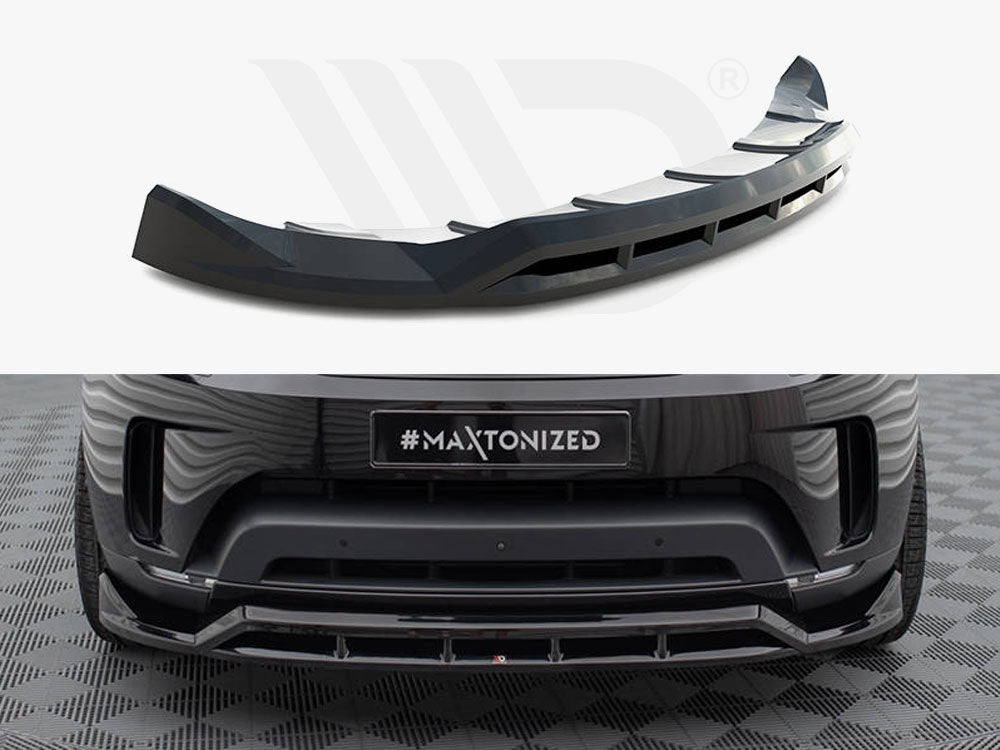 A black car front lip spoiler is displayed separately above and installed on the front of a car, with a license plate reading "#MAXTONIZED" on a checkered floor background.