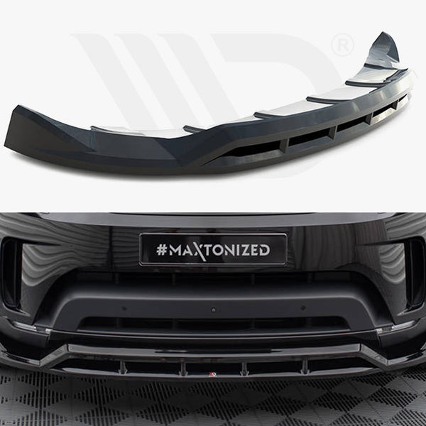 A black car front lip spoiler is displayed separately above and installed on the front of a car, with a license plate reading "#MAXTONIZED" on a checkered floor background.