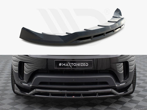 A black car front lip spoiler is displayed separately above and installed on the front of a car, with a license plate reading "#MAXTONIZED" on a checkered floor background.