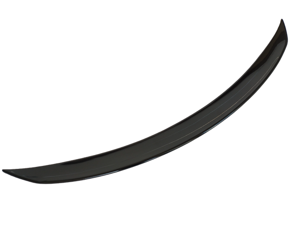 A curved, glossy black car spoiler is isolated on a white background, showcasing its aerodynamic design.
