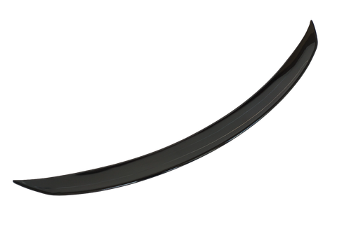 A curved, glossy black car spoiler is isolated on a white background, showcasing its aerodynamic design.