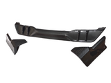 Carbon fiber car parts displayed: a long, textured rear diffuser with aerodynamic fins and two side winglets, set against a plain white background.