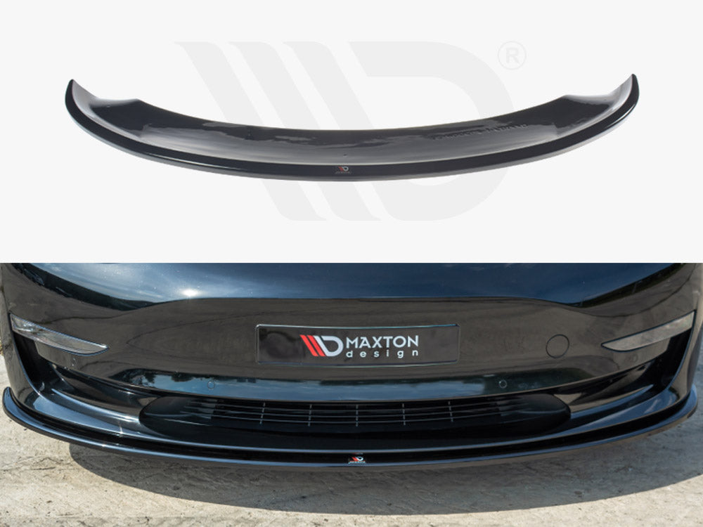 A black car front splitter by Maxton Design is shown individually and attached to a car front, enhancing aerodynamic efficiency on a paved surface. The text reads, "MAXTON design."