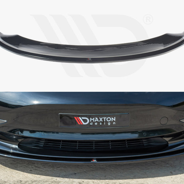 A black car front splitter by Maxton Design is shown individually and attached to a car front, enhancing aerodynamic efficiency on a paved surface. The text reads, "MAXTON design."