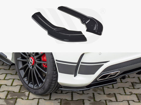 Car accessories, including two black side-skirt extensions, are displayed. They are positioned above an image of a white car with a sleek black-and-red wheel and dual exhausts, parked on a stone pavement.