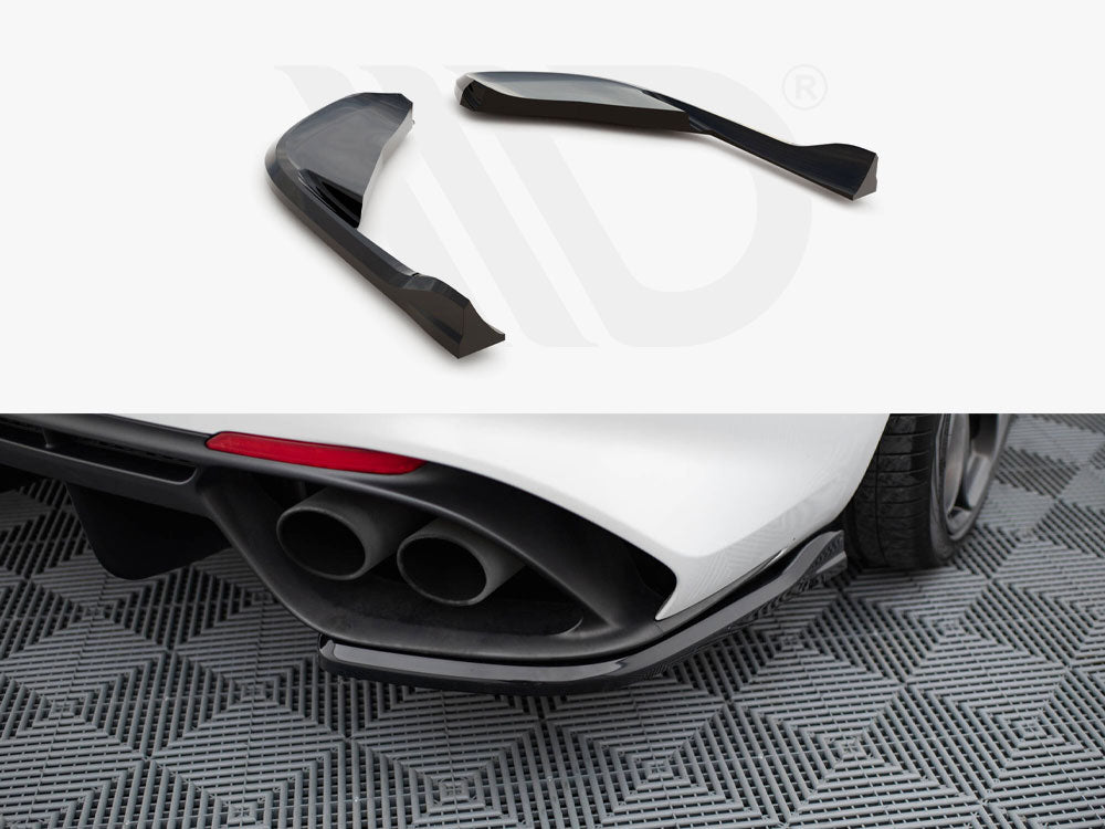 Car diffuser fins are displayed separately above, and installed on a white car's rear bumper near dual exhaust pipes, over a textured garage floor. A subtle logo appears in the background.