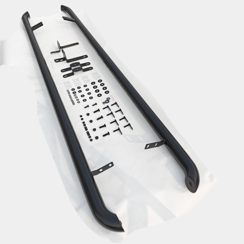 Two black metal side rails laid parallel on a sheet, accompanied by an assortment of brackets, screws, and washers, arranged neatly for assembly.