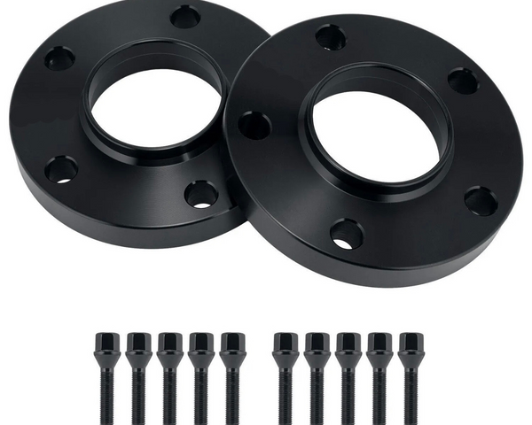Two black circular wheel spacers, each with multiple bolt holes, are positioned on a white background. Below them, ten black bolts are aligned in a straight row.