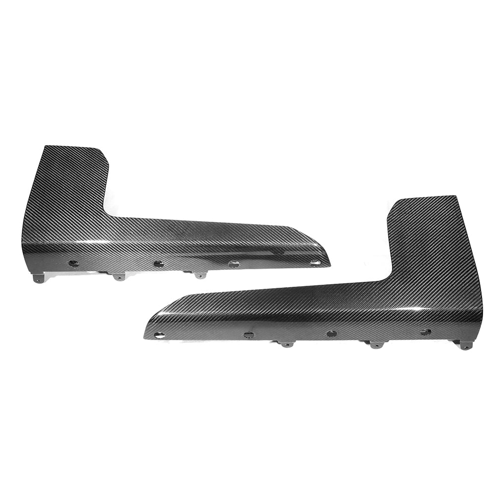 Two carbon fiber covers placed side by side, showcasing sleek black and gray diagonal patterns, with multiple round holes for attachment, set against a plain white background.