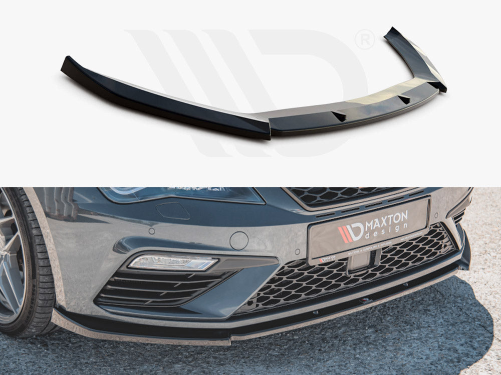 A car front splitter is shown detached above and installed below, enhancing aerodynamics on a gray car parked on a gravel surface. Text on the car reads "MAXTON design."