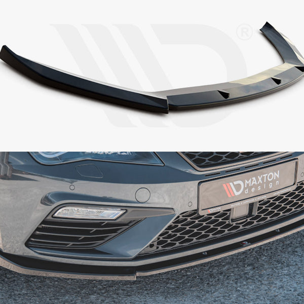 A car front splitter is shown detached above and installed below, enhancing aerodynamics on a gray car parked on a gravel surface. Text on the car reads "MAXTON design."