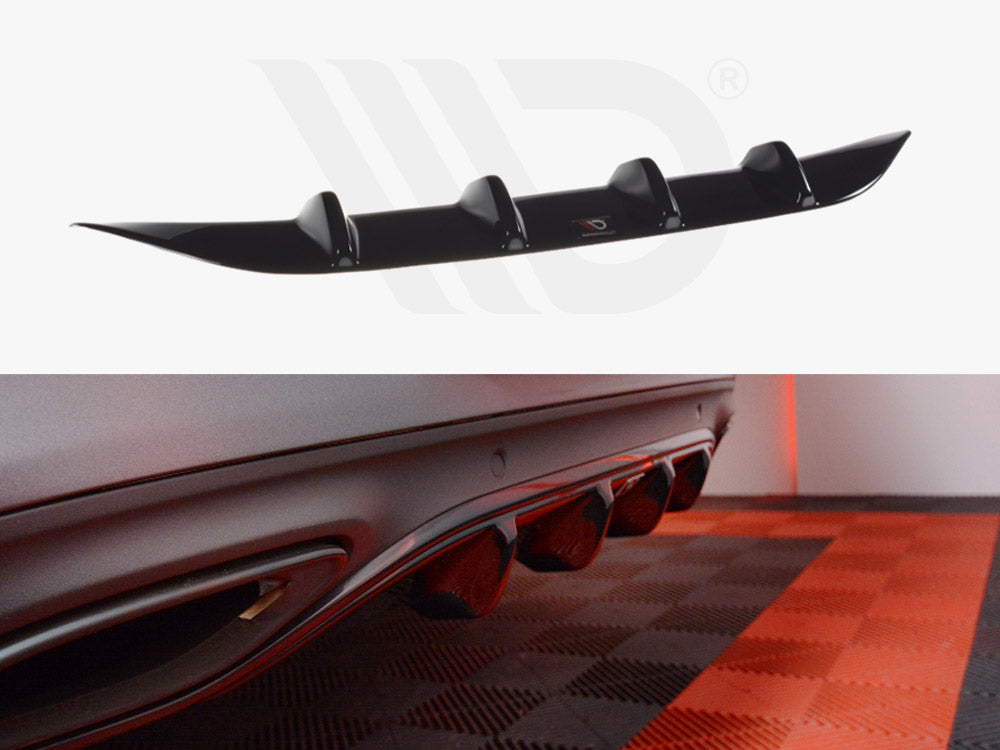 A black rear diffuser with aerodynamic fins is shown in two views: the top isolated, displaying its shape, and the bottom attached to a car on a checkered floor.
