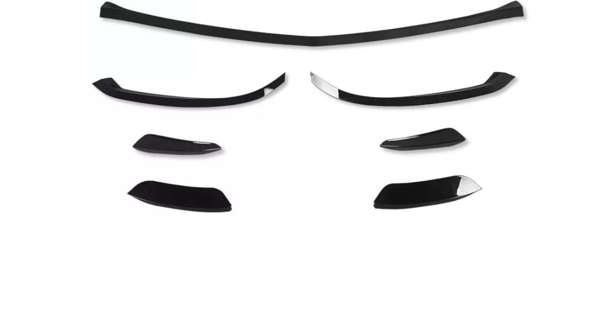 Black car spoiler kit pieces arranged on a plain white background, displaying various sizes and curved shapes, suggesting different mounting options for customization.