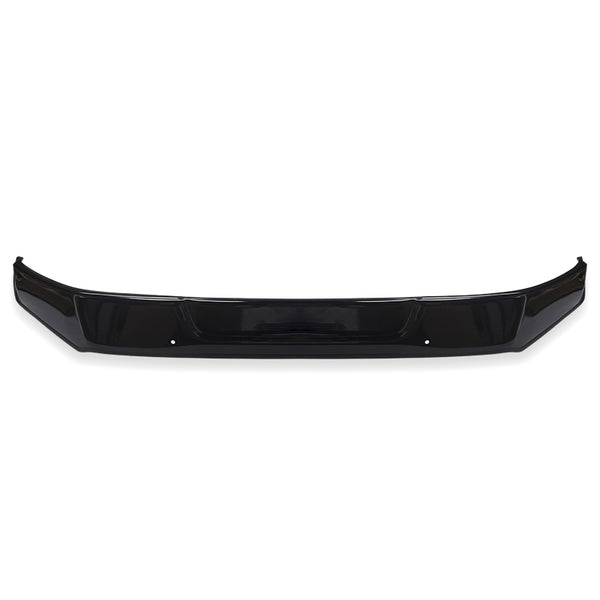 A black car bumper, curved with a smooth surface, is displayed against a plain white background, highlighting its sleek design.
