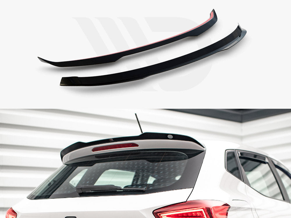 Two sleek black car spoiler extensions are shown above a white vehicle with a rear window. The background is a neutral, indoor setting.