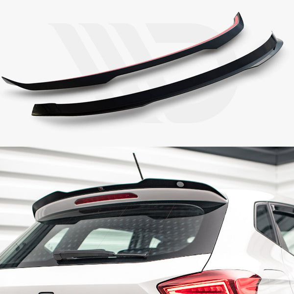 Two sleek black car spoiler extensions are shown above a white vehicle with a rear window. The background is a neutral, indoor setting.
