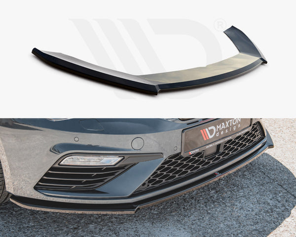 A black car splitter is displayed; above, as an isolated object, and below, installed on a car's front bumper. The bumper is labeled "MAXTON design" with a hexagonal grille pattern. The car is parked on a stone surface.