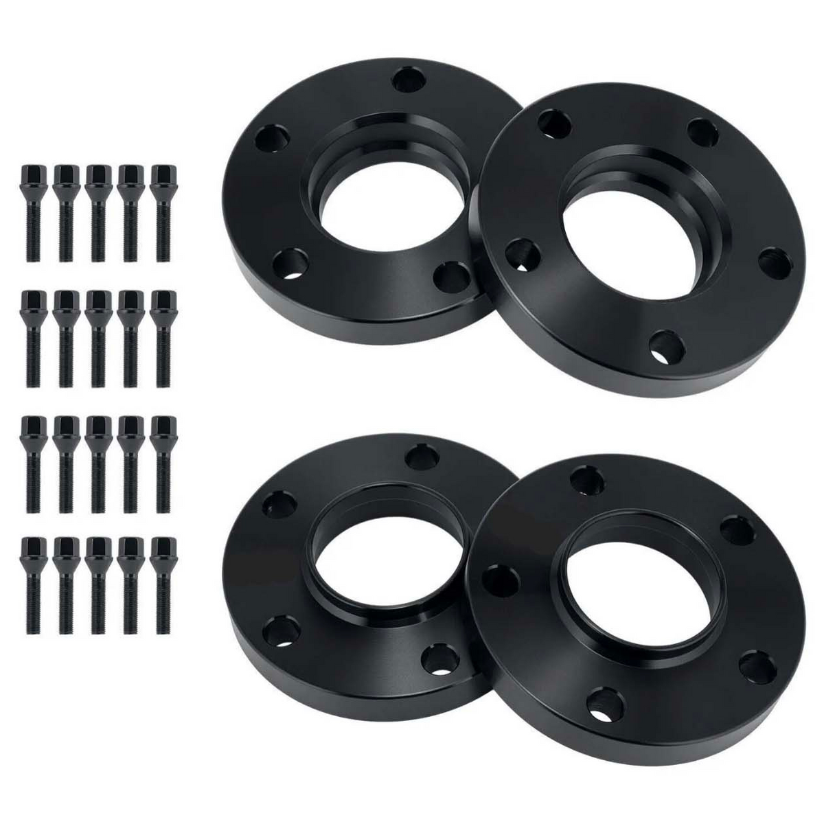 Four black wheel spacers with multiple bolt holes lay arranged symmetrically. Beside them, twenty-four black bolts stand in three vertical rows, contrasting the plain white background.