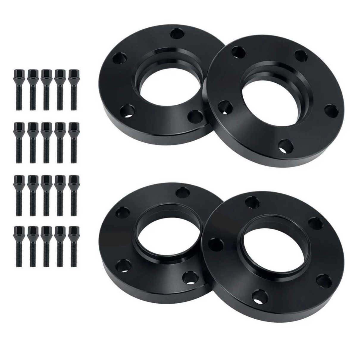 Four black wheel spacers with multiple bolt holes lay arranged symmetrically. Beside them, twenty-four black bolts stand in three vertical rows, contrasting the plain white background.