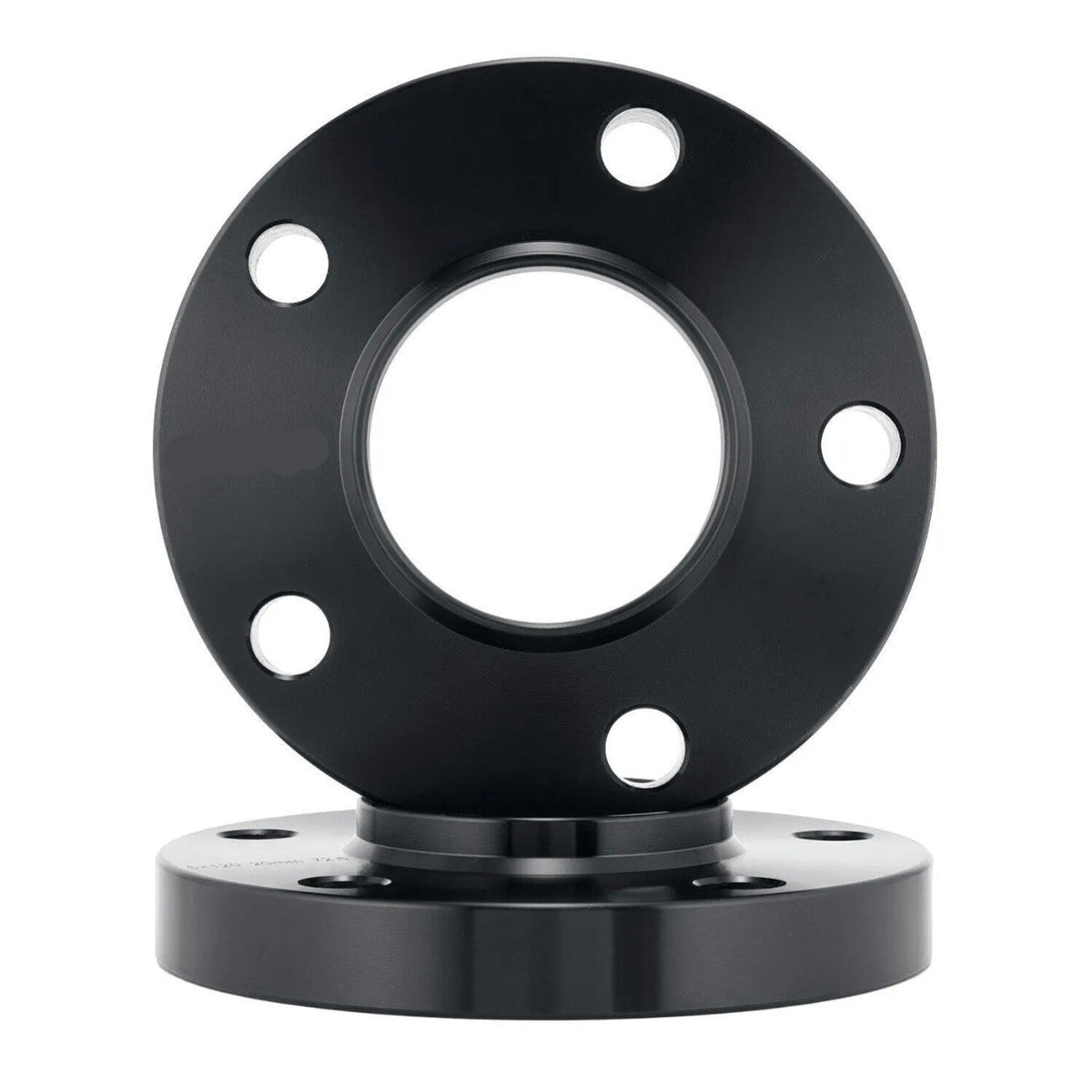 A black metal flange with four bolt holes sits vertically, supported by a similar flange lying flat against a white background.