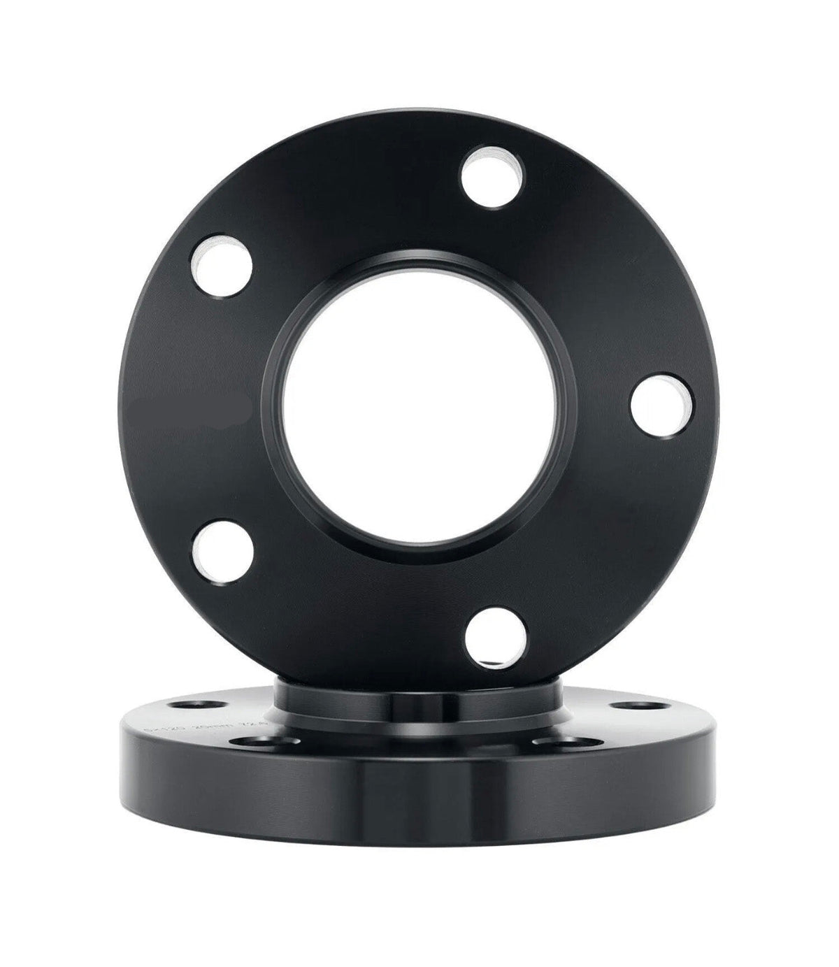 A black metal flange with four bolt holes sits vertically, supported by a similar flange lying flat against a white background.