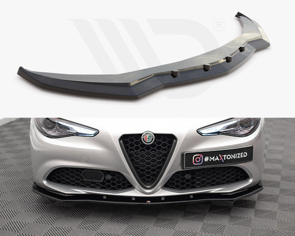 A black car front splitter is shown detached, above an image of it installed on a silver car. The car is parked on a checkered floor. Text: "#MAXTONIZED".