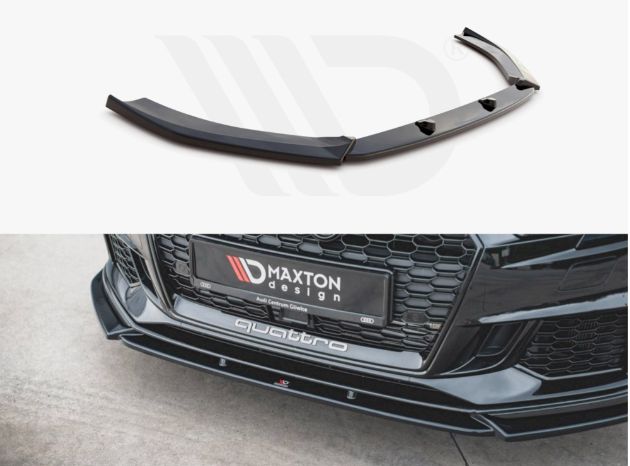 A black car front splitter with mounting holes is shown above a car bumper. Text on the bumper reads "MAXTON design" and "quattro," with a honeycomb grille above it on a concrete surface.