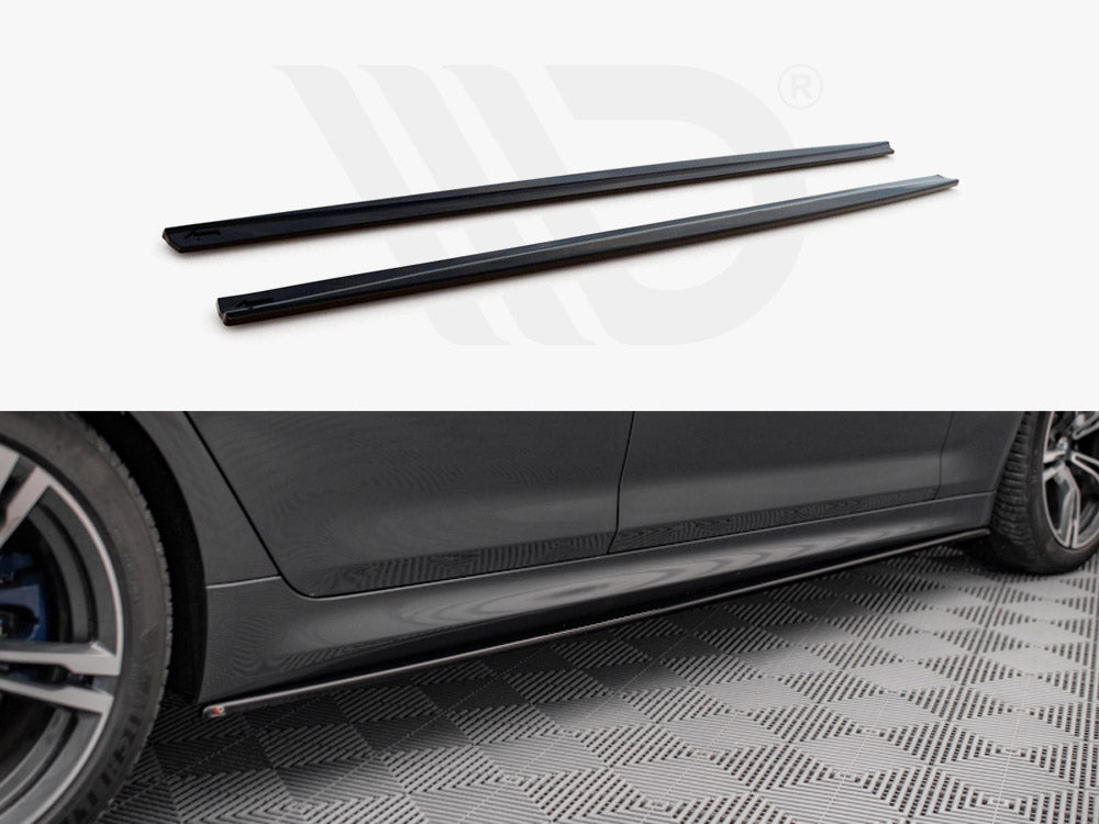Two black side skirts are displayed. One image shows them separately on a white background, and the other shows their installation along the lower edge of a car in a garage.