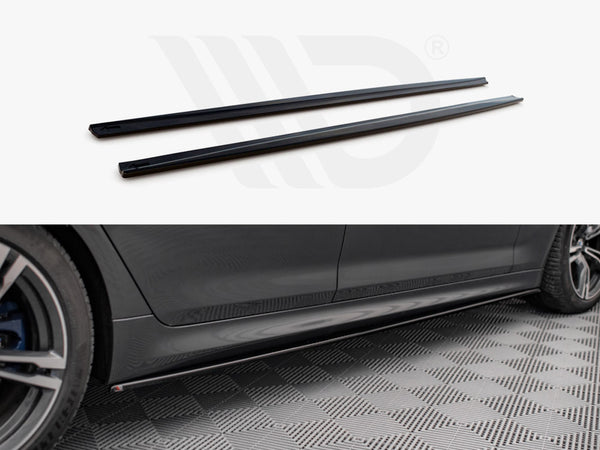 Two black side skirts are displayed. One image shows them separately on a white background, and the other shows their installation along the lower edge of a car in a garage.