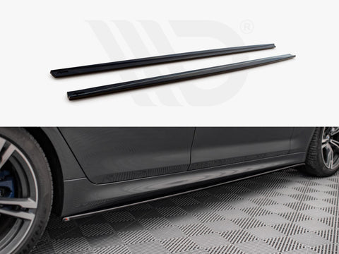 Two black side skirts are displayed. One image shows them separately on a white background, and the other shows their installation along the lower edge of a car in a garage.
