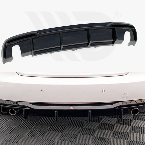 A black car rear diffuser lies above the image of a white car's rear bumper featuring dual exhaust pipes and a checkered floor beneath.