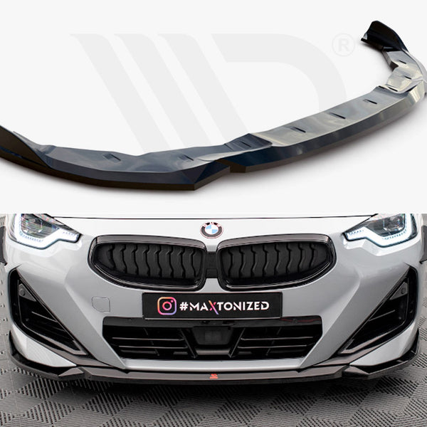 A black car front splitter sits positioned for attachment. Below, a gray BMW car features an installed splitter on a checkered floor. The text reads "#MAXTONIZED."