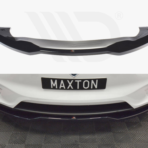 A black car bumper lip is displayed separately above and attached to a white car with a license plate reading "MAXTON" on a checkered floor.