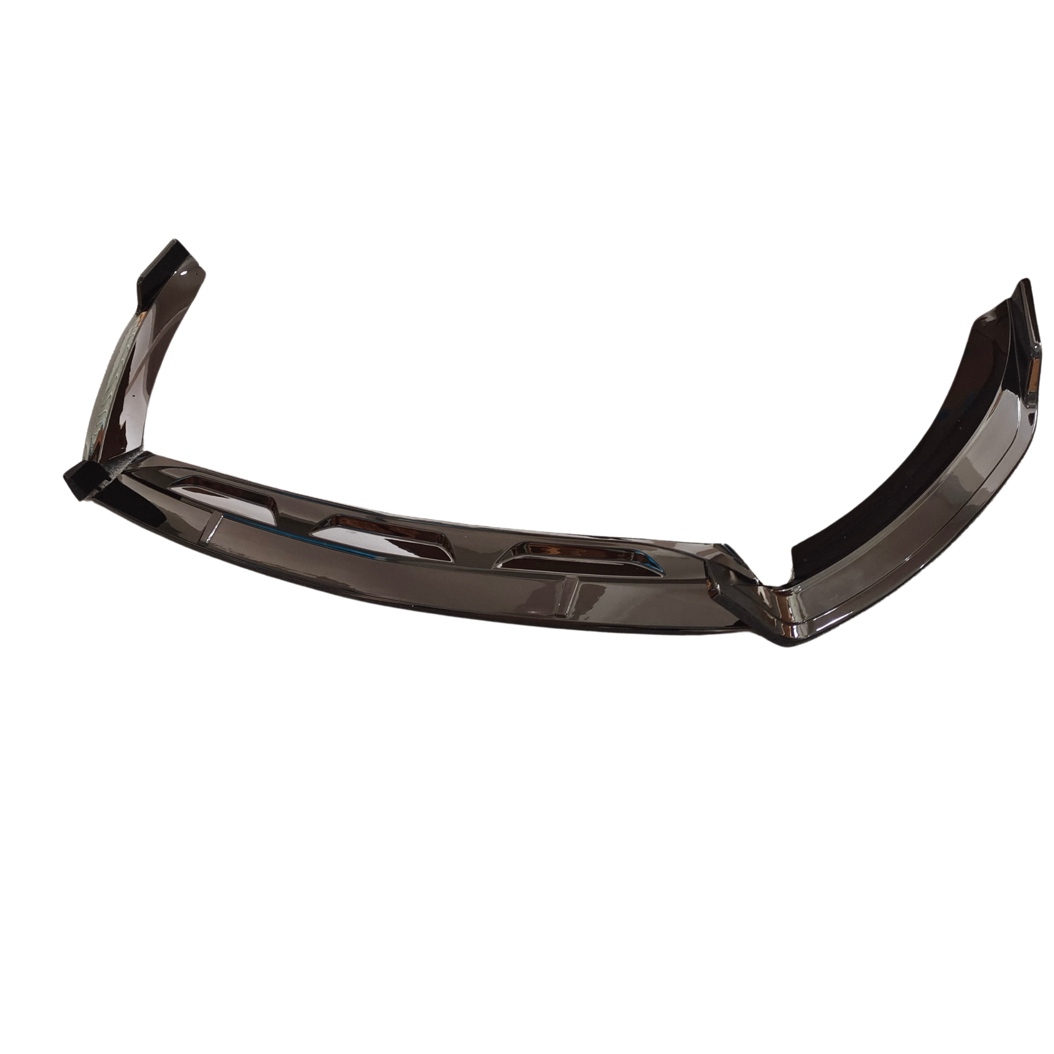 A glossy, metallic car bumper component is angled upward, reflecting light. It features several rectangular cutouts and is set against a plain white background.