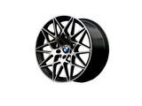 A black and silver alloy wheel with intricate spoke design and a BMW logo at the center, displayed against a plain white background.
