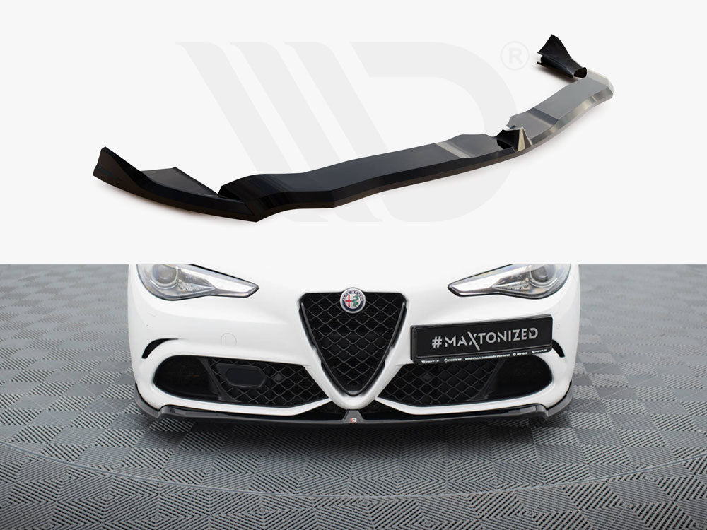 Black car front lip spoiler displayed against a white background, intended for the lower bumper of a white car with the text "#MAXTONIZED" on the license plate, surrounded by checkered flooring.
