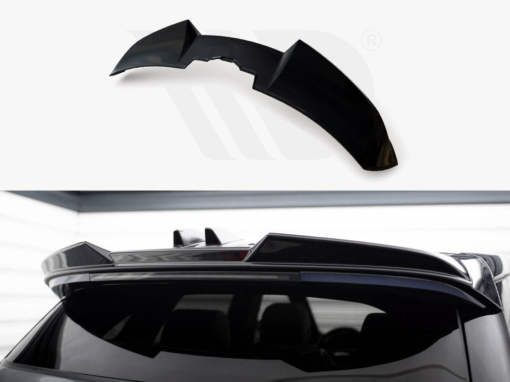 A black car spoiler is shown detached above and installed on a vehicle's roof. The sleek design complements the car's rear window in a garage-like setting.