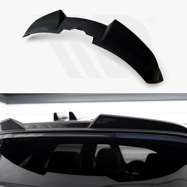 A black car spoiler is shown detached above and installed on a vehicle's roof. The sleek design complements the car's rear window in a garage-like setting.