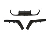 Three black plastic car bumper parts are displayed separately against a white background. The top piece has a U-shaped curve, while the two bottom pieces are angular.