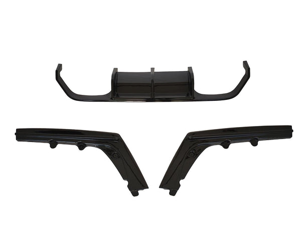 Three black plastic car bumper parts are displayed separately against a white background. The top piece has a U-shaped curve, while the two bottom pieces are angular.