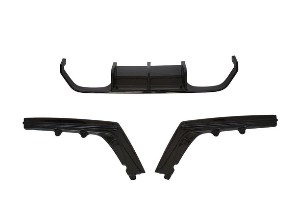 Three black plastic car bumper parts are displayed separately against a white background. The top piece has a U-shaped curve, while the two bottom pieces are angular.