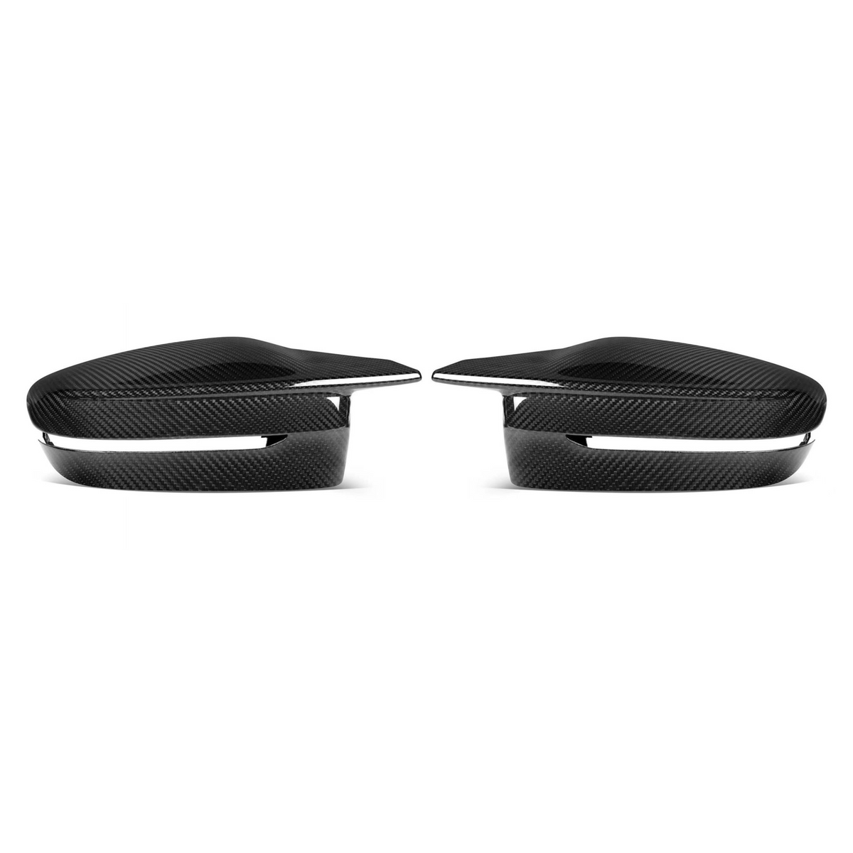 Two sleek, black carbon fiber car mirror covers are displayed against a white background, with an aerodynamic design that emphasizes a modern and futuristic aesthetic.