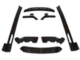 Black car body kit pieces arranged symmetrically on a white background. The set includes side skirts, splitters, and a diffuser, designed for automotive modification and enhancement.