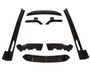 Black car body kit pieces arranged symmetrically on a white background. The set includes side skirts, splitters, and a diffuser, designed for automotive modification and enhancement.