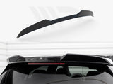 A black car spoiler is shown, detached in the top image, and attached to the rear of a car in the bottom image. The background is white and minimalistic.