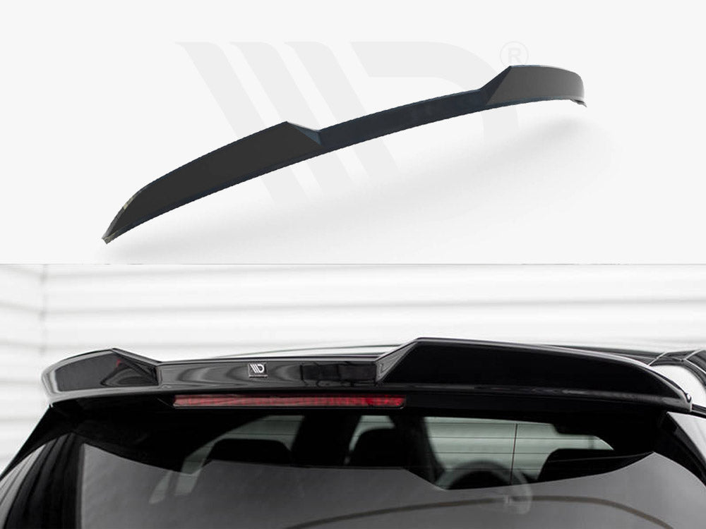 A black car spoiler is shown, detached in the top image, and attached to the rear of a car in the bottom image. The background is white and minimalistic.