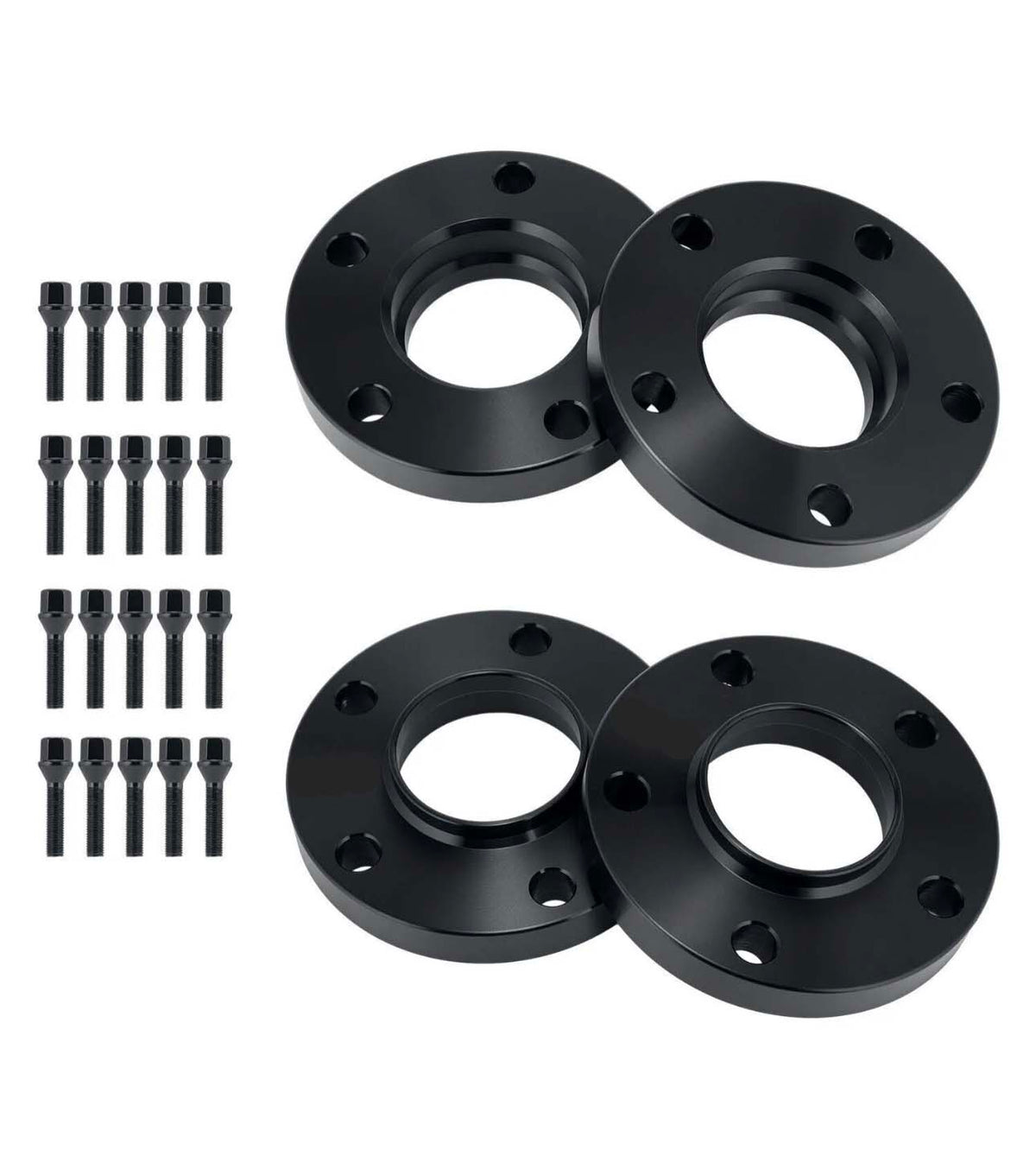 Four black wheel spacers with five bolt holes each and mounted screws are arranged diagonally. Black bolts accompany them, aligned vertically on a white background.